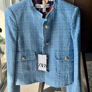 Zara Light Blue Tweed Blazer with Gold Buttons
